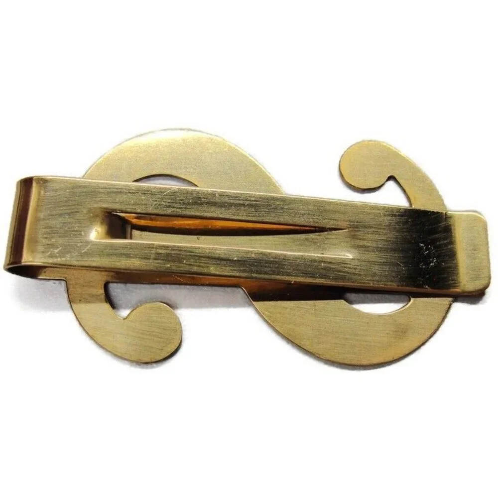 $ Dollar Sign Gold Tone Money Clip Stainless Wallet Card Cash ID Holder Vtg